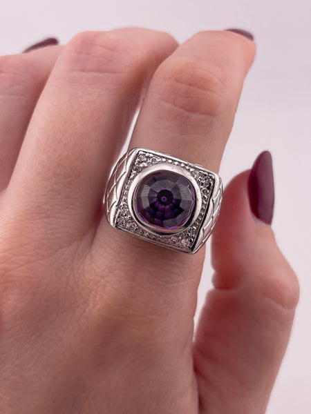 size 9 sterling silver rhodium plated faceted purple glass rhinestone ring