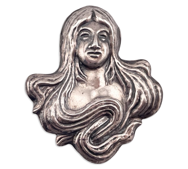 sterling silver pressed 2" Art Nouveau style woman pendant brooch