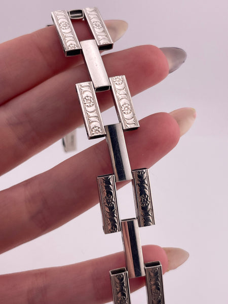 sterling silver stoneless Art Deco floral flower rectangle link bracelet