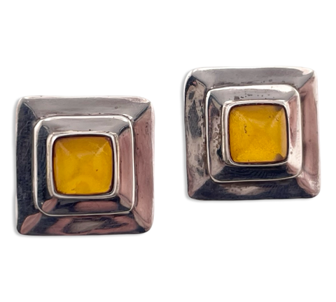 sterling silver beveled square amber post earrings