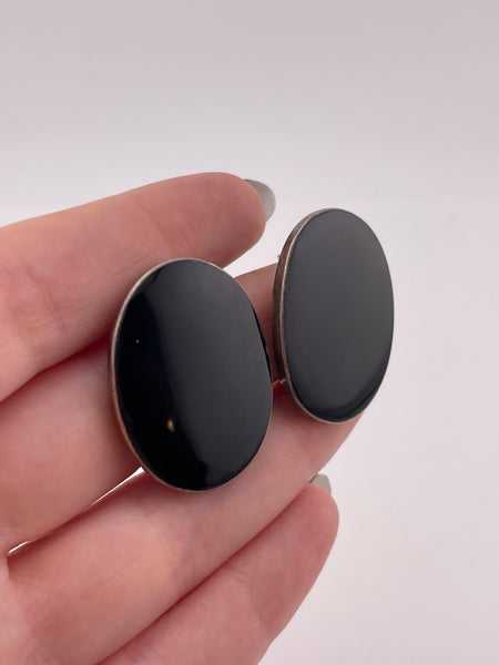 sterling silver oval synthetic black stone post earrings