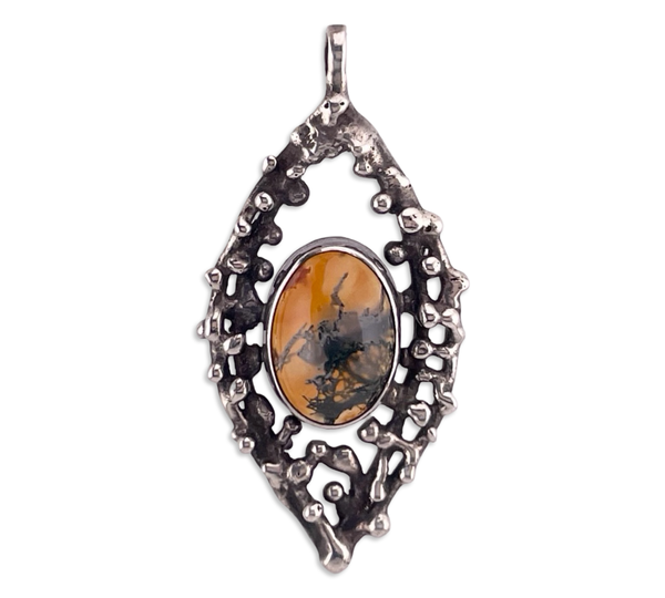 sterling silver moss agate brutalist pendant