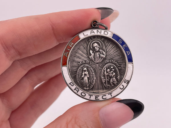 sterling silver large enamel Saint Christopher religious protection pendant