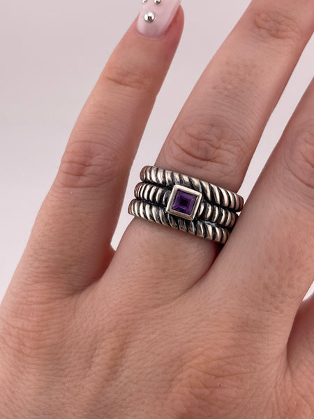 size 6.75 sterling silver wide band faceted amethyst stacked rope ring