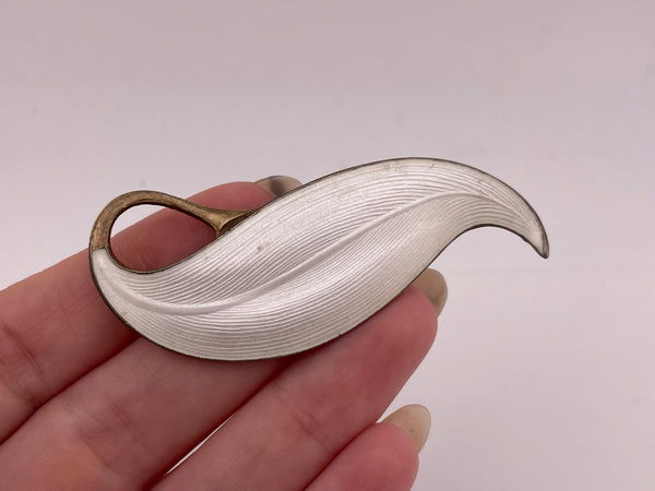 sterling silver gold plated Norway white enamel leaf brooch pin