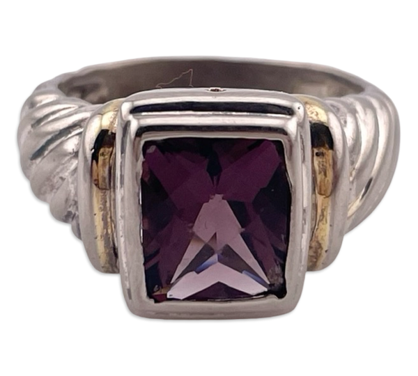 size 6.75 sterling silver & gold wash detailing faceted purple glass rectangle ring
