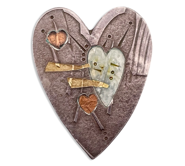 sterling silver 22k gold copper shibuichi artisan heart amulet brooch pin