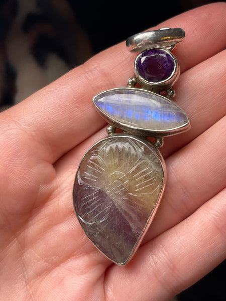 sterling silver faceted amethyst rainbow moonstone carved fluorite pendant