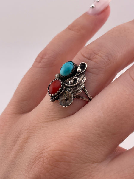 size 8.25 sterling silver turquoise & coral ring