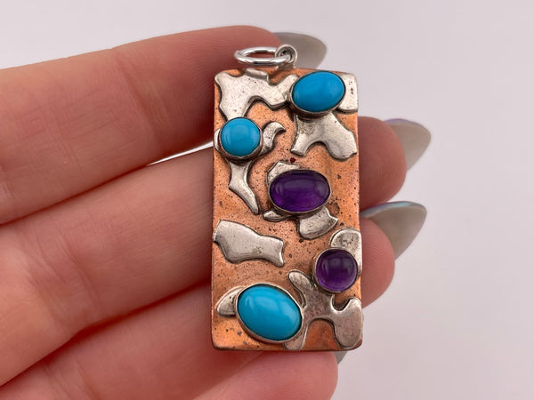 sterling silver & copper amethyst & turquoise rectangle pendant