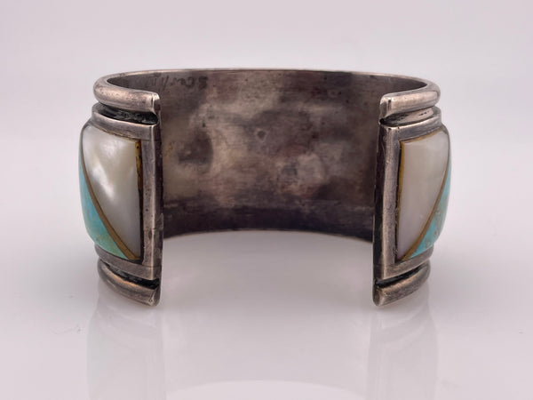 sterling silver heavy turquoise, mother of pearl, & brass inlay cuff bracelet