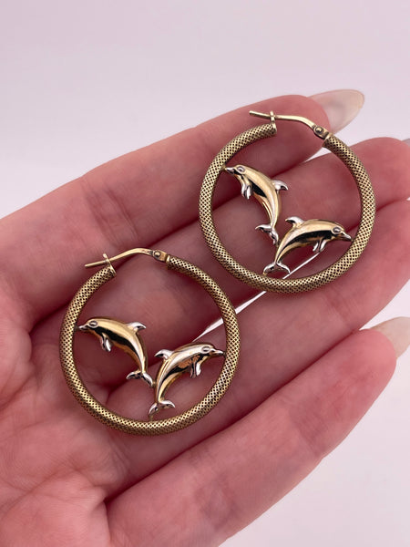 gold plated sterling silver dolphin 1 1/8" hoop earrings **AS IS**