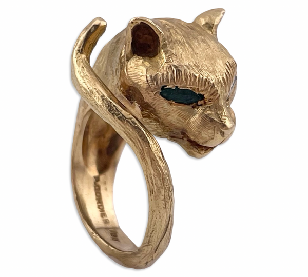 size 6.75 18k gold vintage P. Cordier emerald cat panther ring