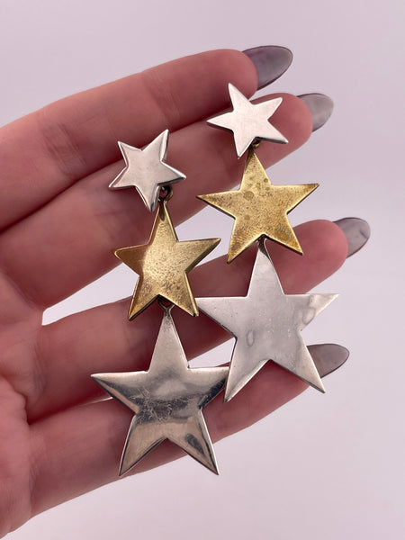 sterling silver & brass 2-1/2" star dangle earrings
