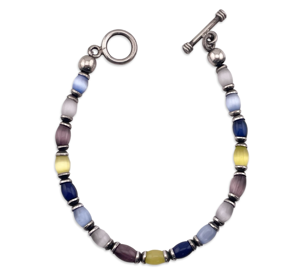 sterling silver 7 3/4" glass cat's eye toggle clasp link bracelet