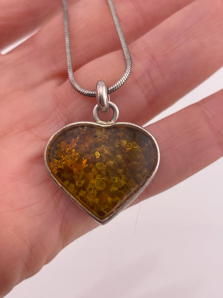 sterling silver 20" snake chain amber heart pendant necklace