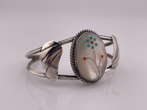 sterling silver multi-stone inlay flower cuff bracelet
