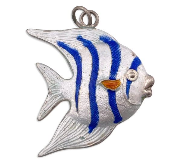 sterling silver white blue orange enamel fish pendant
