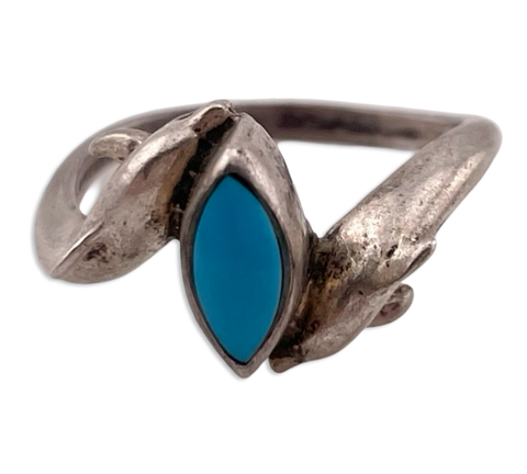 size 5.75 sterling silver synthetic turquoise double dolphin ring