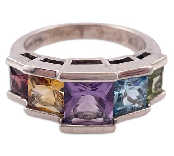 size 6.25 sterling silver colorful faceted square multi-gemstone row ring