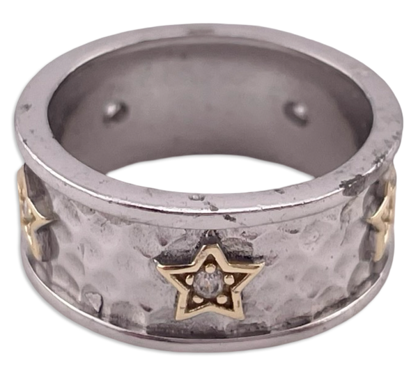 size 5 sterling silver & gold plated hammered star rhinestone band ring