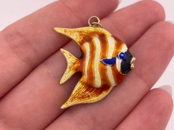 sterling silver orange yellow blue enamel fish pendant