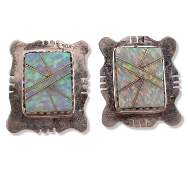 sterling silver synthetic opal rectangle post earrings