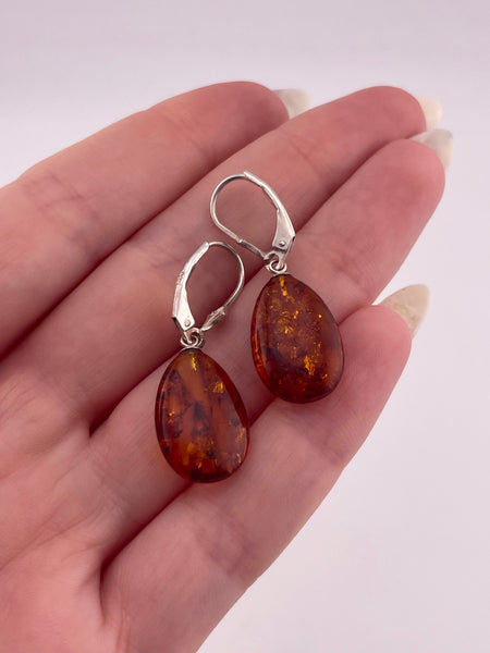 sterling silver amber lever-back hook dangle earrings