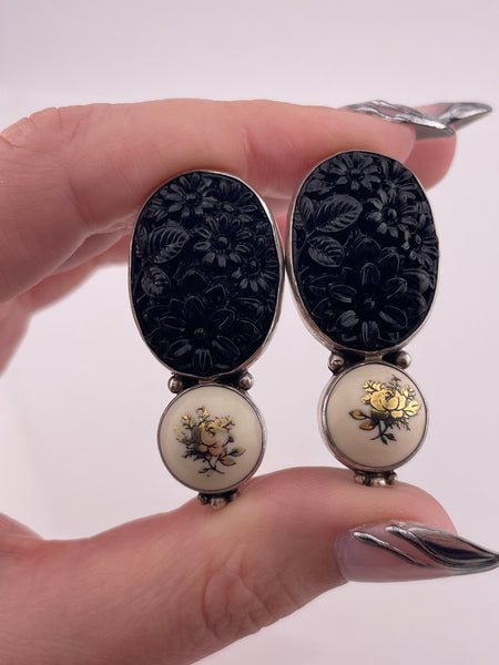 sterling silver molded glass rose image clip-on earrings