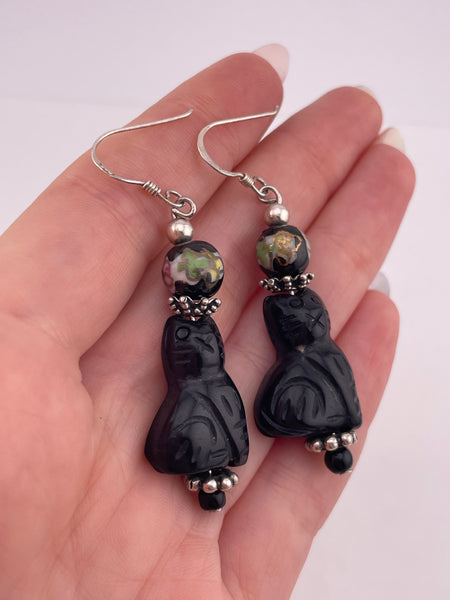 sterling silver carved cat bead dangle earrings