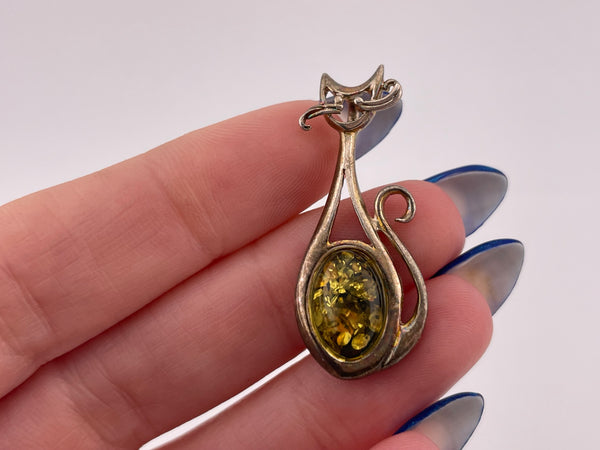 sterling silver amber cat pendant