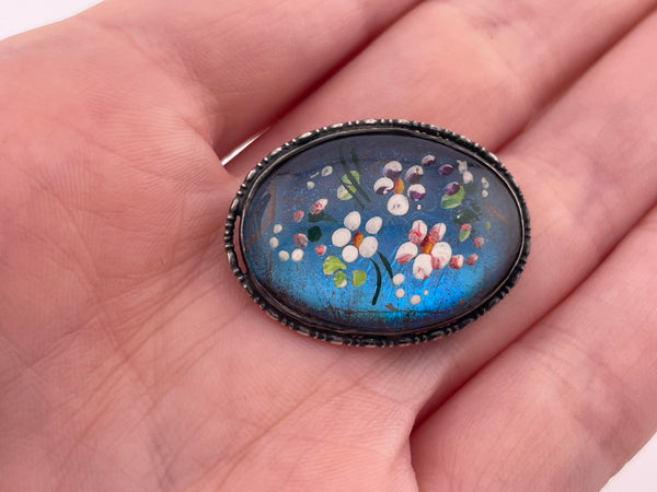 sterling silver butterfly wing painted flowers brooch pin