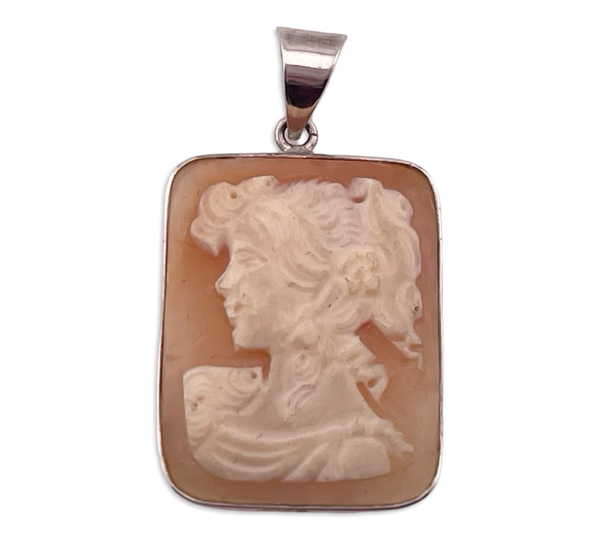 sterling silver rectangle cameo woman profile pendant