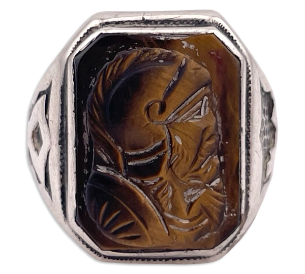 size 7.75 sterling silver carved tigers eye cameo knight ring ***AS IS***