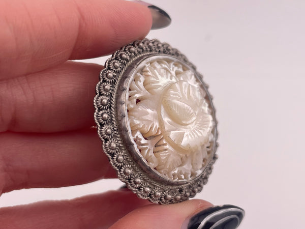 sterling silver carved synthetic mother of pearl pendant brooch