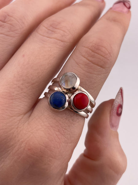 size 8 sterling silver rainbow moonstone lapis synthetic coral ring