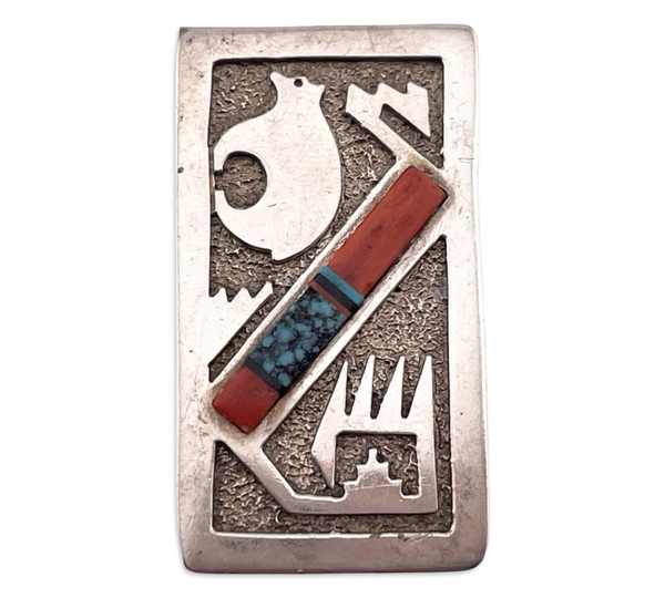 partial sterling silver multi-stone inlay bear money clip