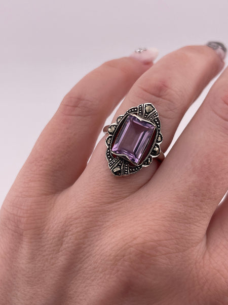 size 6.5 sterling silver faceted amethyst rectangle marcasite ring
