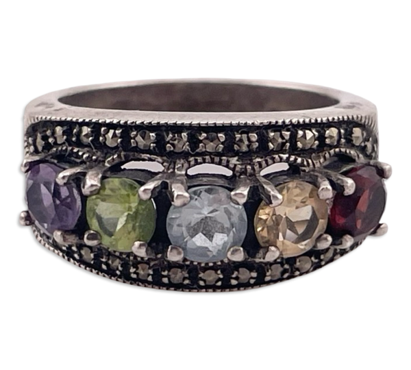 size 5 sterling silver multi-gemstone & marcasite ring
