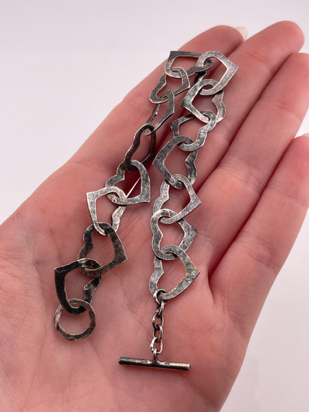 sterling silver 7 5/8" hammered finish heart toggle t-bar clasp link bracelet
