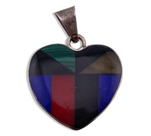 sterling silver multi-stone inlay heart pendant