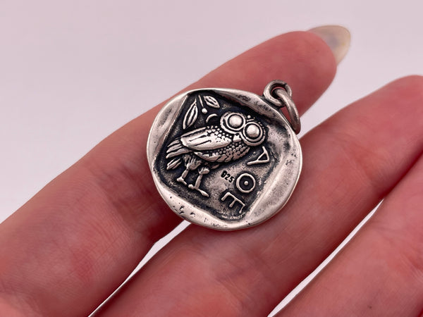 sterling silver Athena Owl Greek figure double-sided pendant