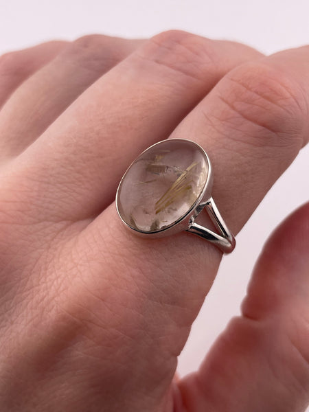 size 8.5 sterling silver oval golden rod rutilated quartz ring