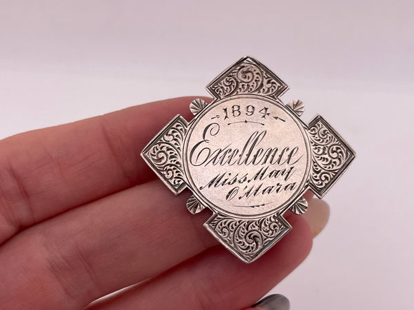 sterling silver antique 1894 'Excellence' engraved pin brooch