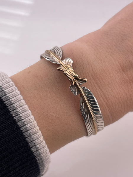 sterling silver & brass feather cuff bracelet