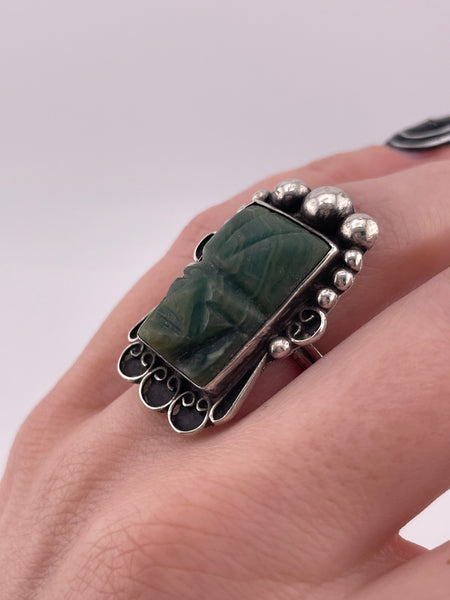 size 6.75 sterling silver carved Mexican jade face ring