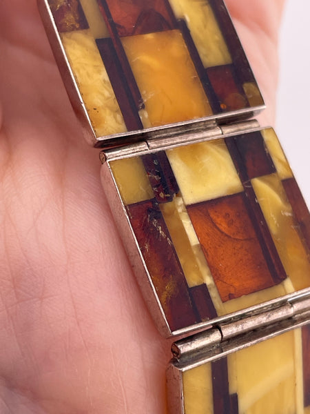 sterling silver amber inlay panel link bracelet **AS IS**