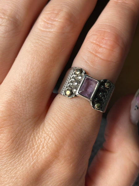 size 7.5 sterling silver & brass faceted amethyst ring