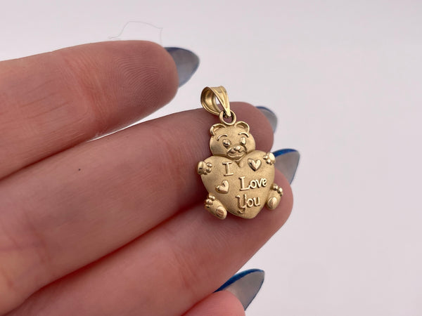 14k yellow gold 'I love you' teddy bear heart matte finish pendant