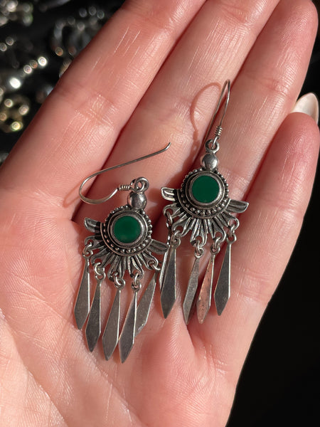 sterling silver green stone tassel hook dangle earrings